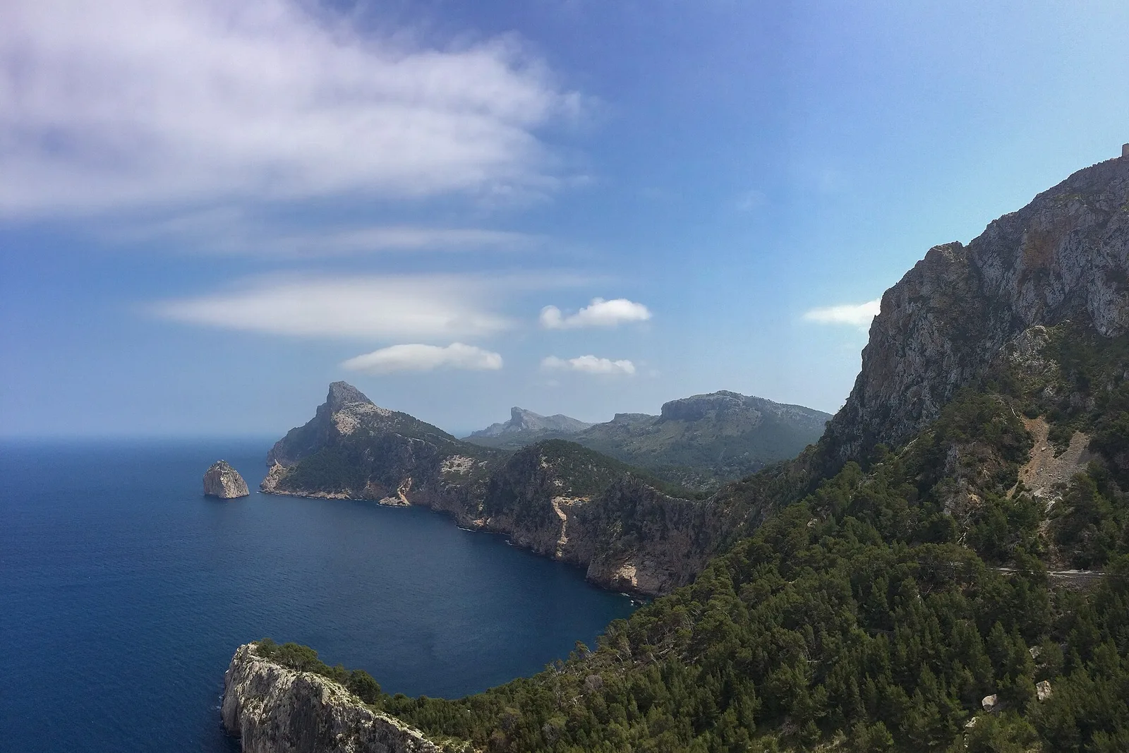 La península de Formentor desde lo alto: acantilados cubiertos de pinos, el mar abierto y el cabo perdiéndose al fondo, sin nadie a la vista.