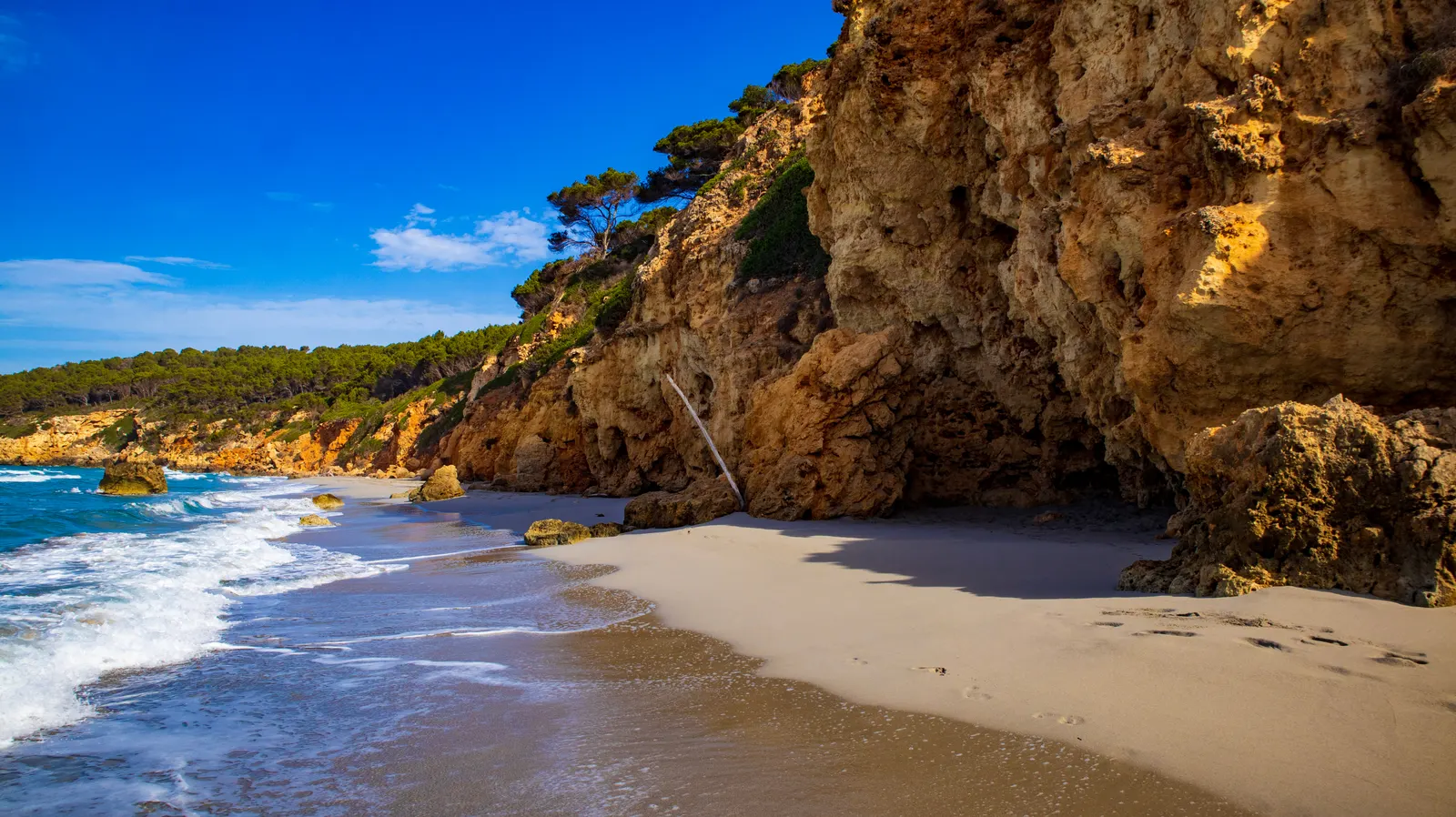 the wild beach of Binigaus, with golden sand and cliffs, in the municipality of Es Migjorn Gran, Menorca