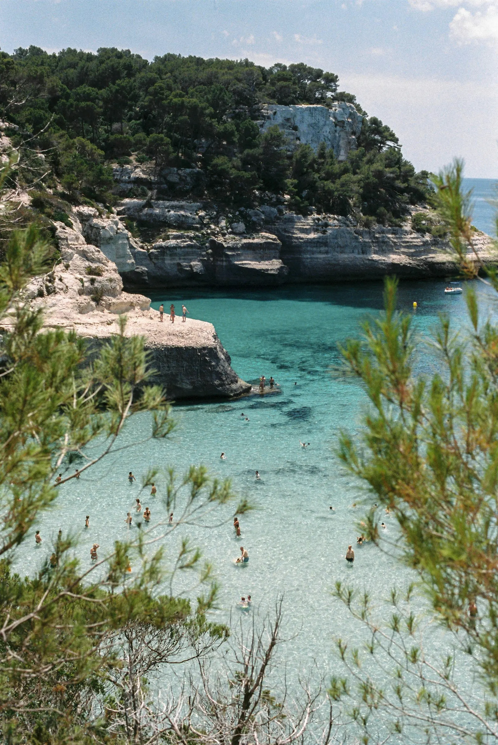 Cala de aguas turquesas entre acantilados y pinos en el Camí de Cavalls, Menorca.
