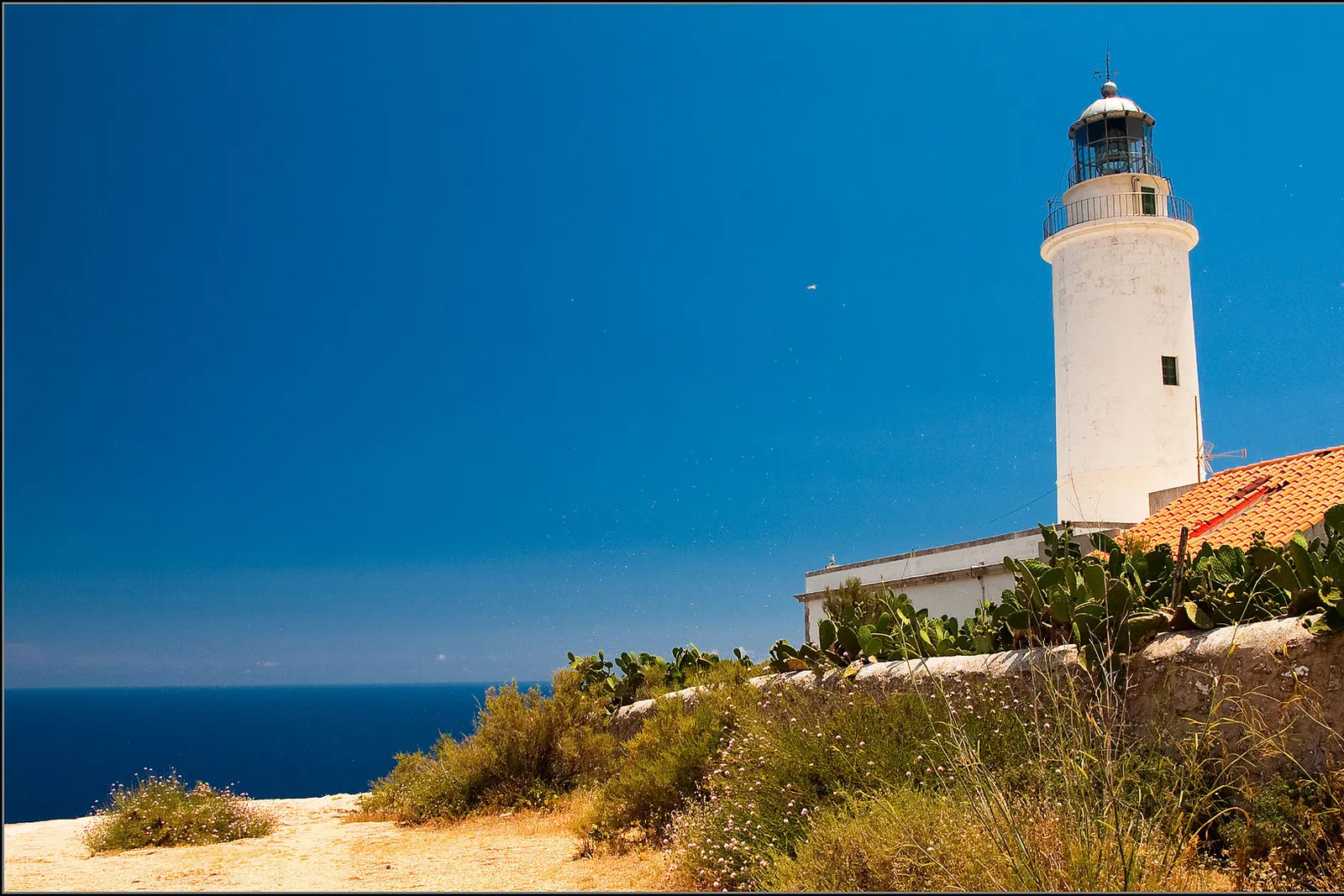 El faro de La Mola, blanco, al borde del acantilado sobre el mar