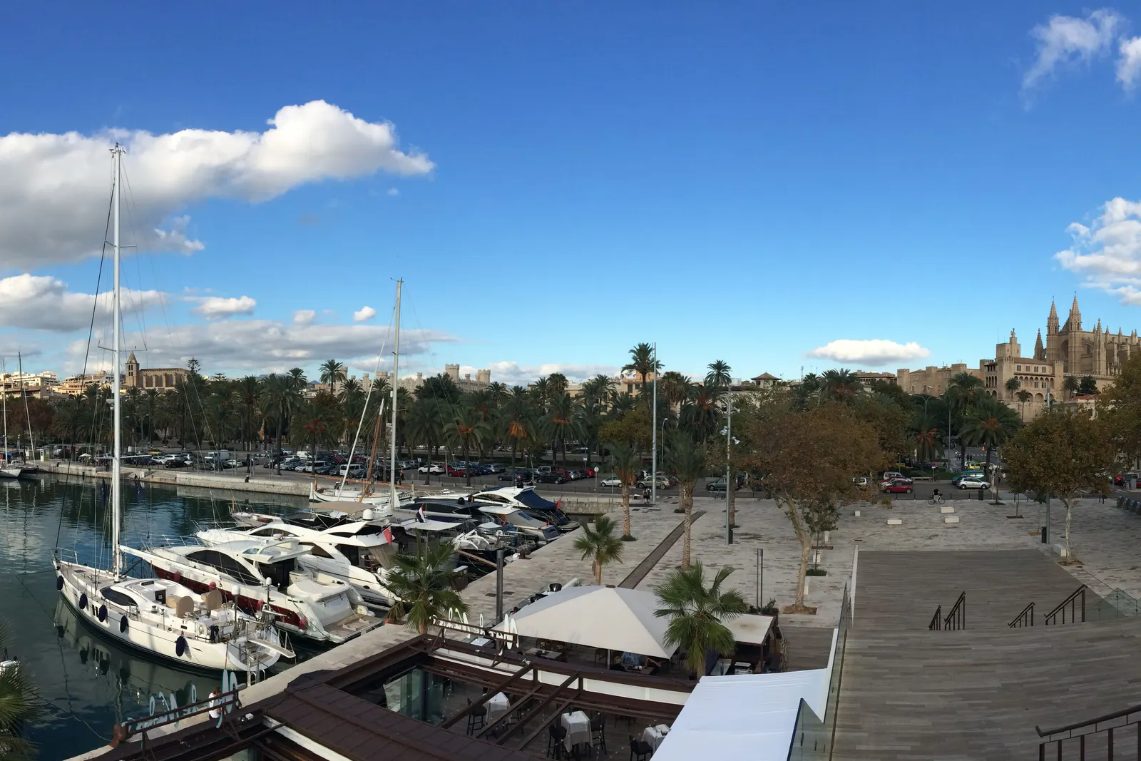 Il porto di Palma con gli yacht ormeggiati e la Cattedrale sullo sfondo