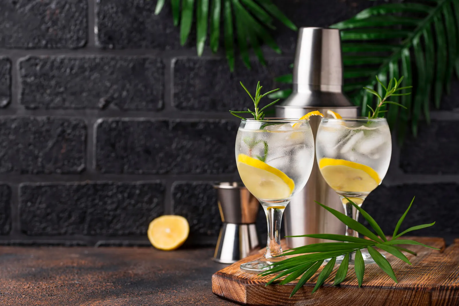 Dos copas de gin con limón y romero sobre una tabla de madera, fondo oscuro.