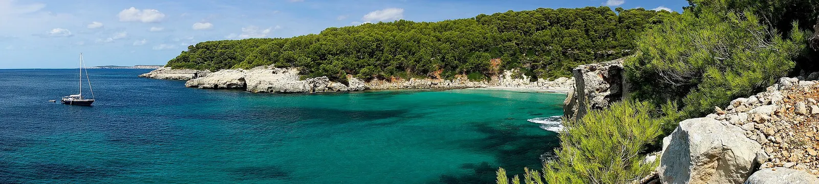 El agua turquesa de Cala Escorxada bajo una ladera espesa de pinos