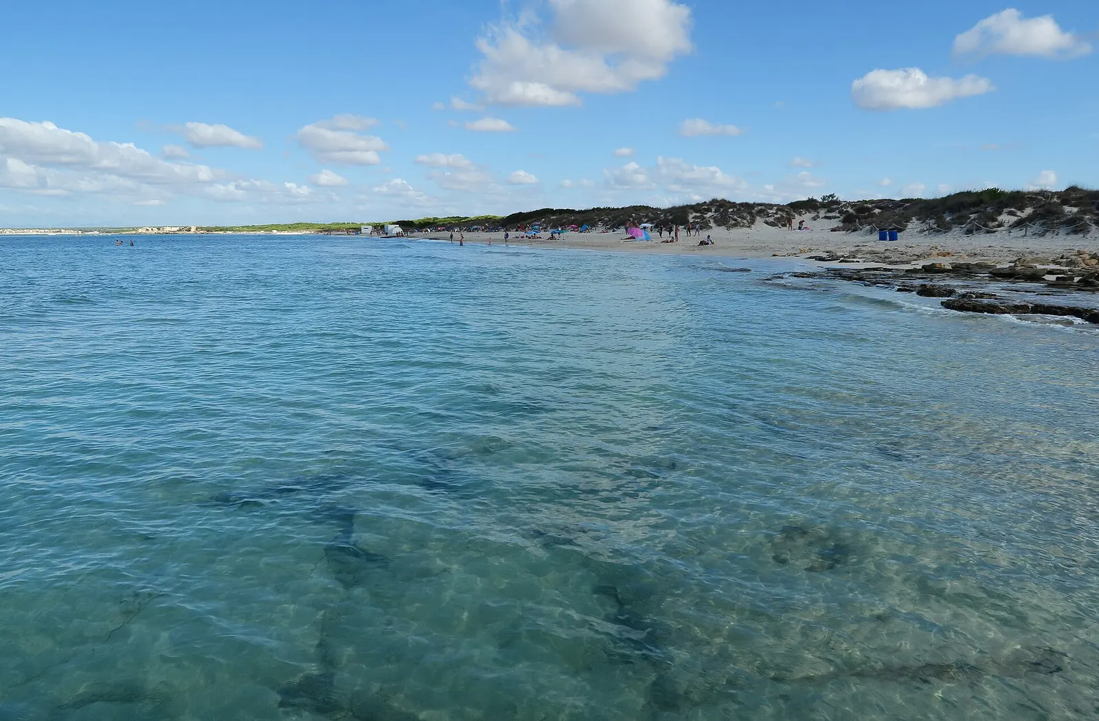 La arena clara y el agua transparente de Es Trenc, con la playa extendiéndose sin edificios