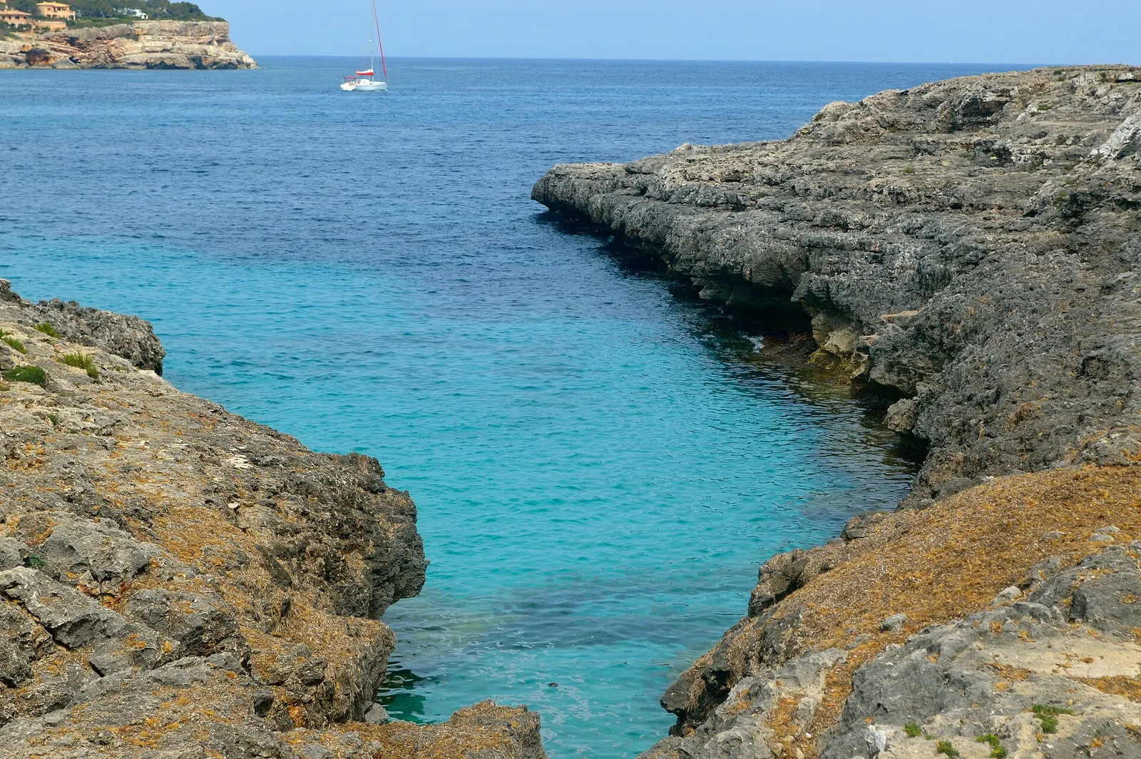 Una cala de agua turquesa entre paredes de roca y pinar, en el parque natural de Mondragó