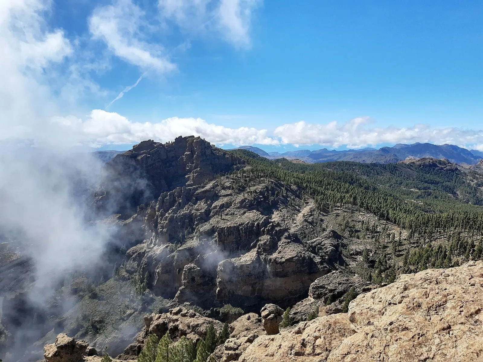 Nubes que suben entre los riscos y pinares de la cumbre, con el mar de nubes extendido hasta el horizonte.