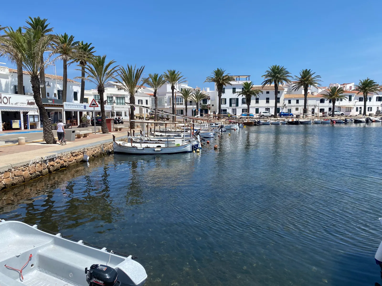 El puerto de Fornells, con barcas tradicionales amarradas junto al paseo de palmeras.