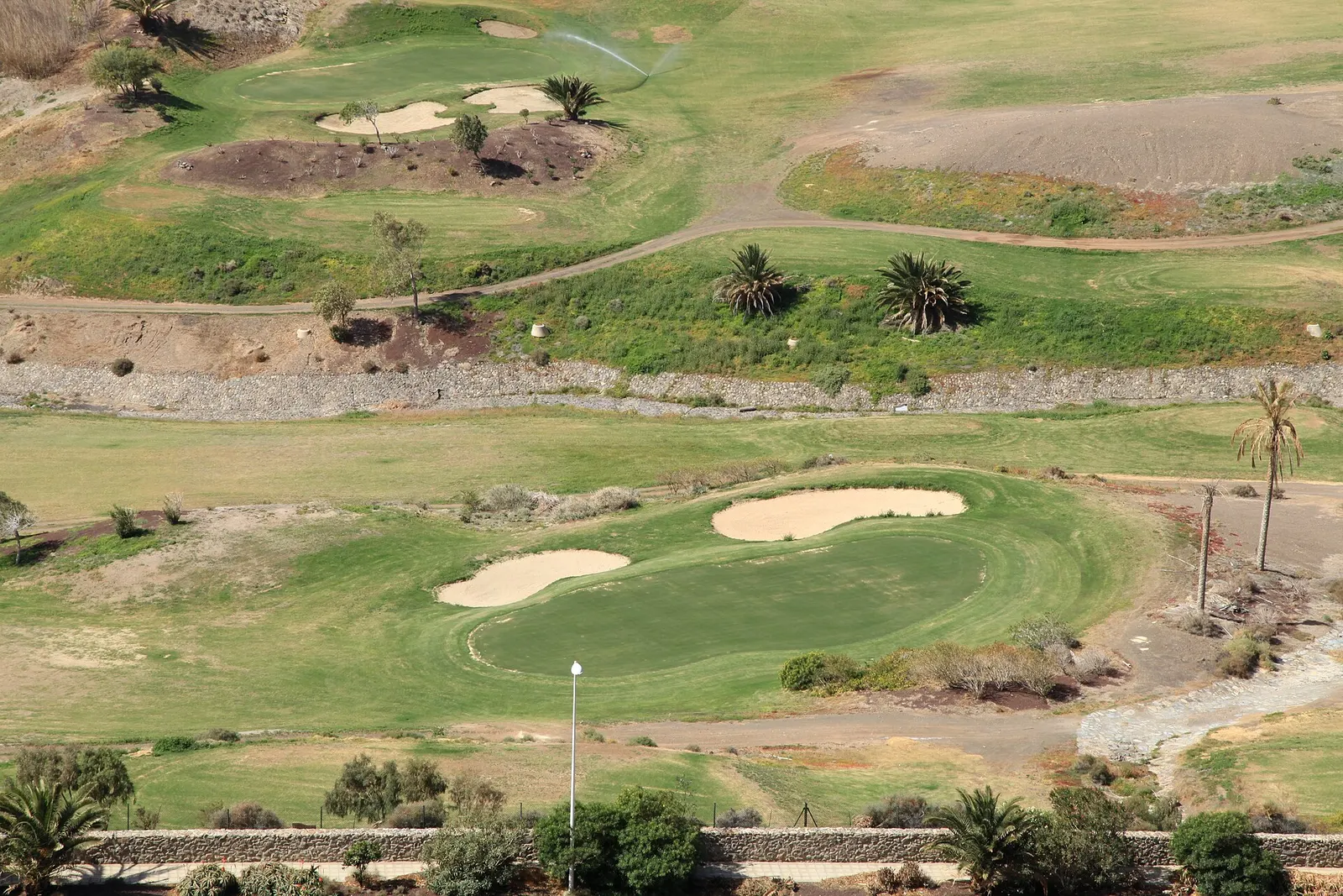 Ein Grün mit hellen Sandbunkern und Palmen auf dem Golfplatz von Jandía, neben den trockenen Hängen der Schlucht.
