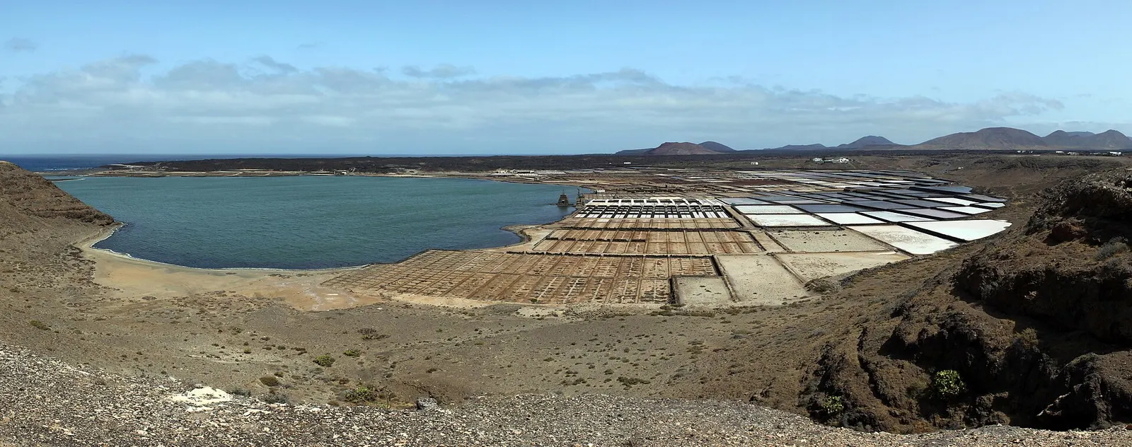 Las salinas de Janubio a lo ancho: estanques blancos y ocres junto a la laguna, con volcanes al fondo.
