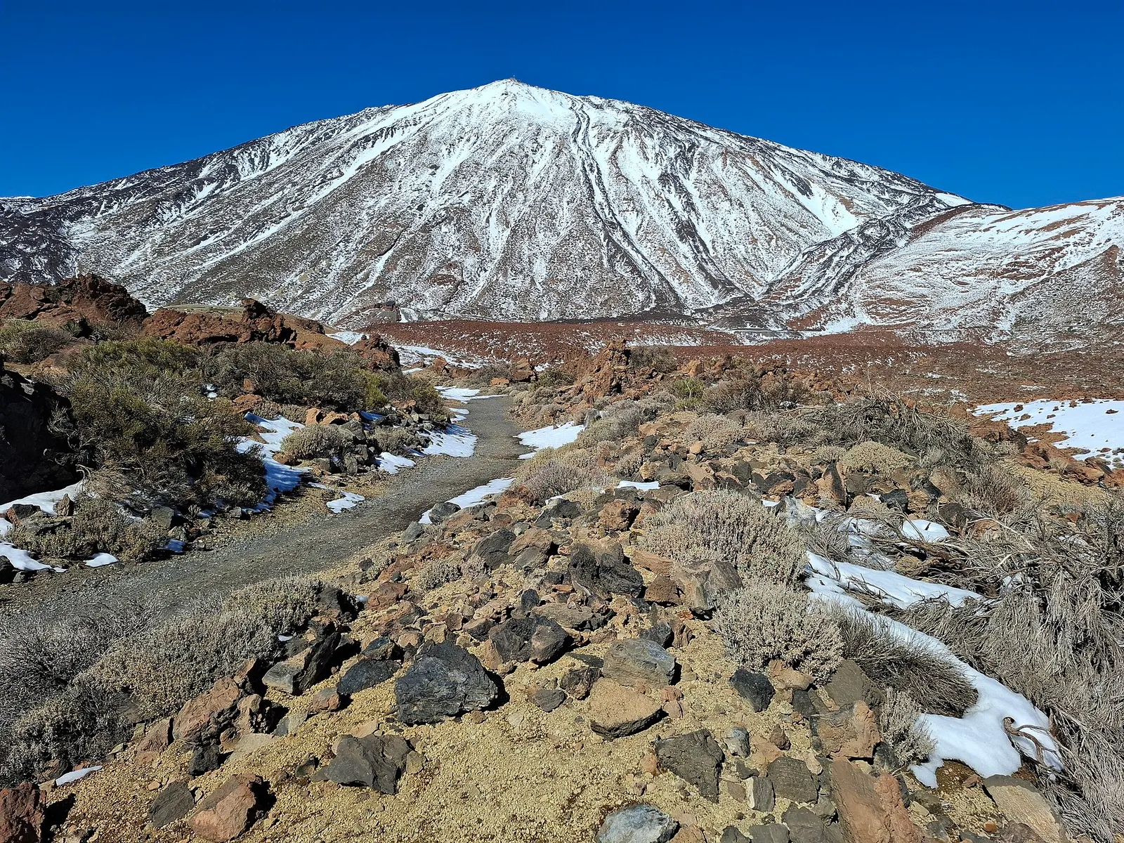 El Teide cubierto de nieve sobre un campo de lava con restos de nieve, bajo un cielo azul intenso.