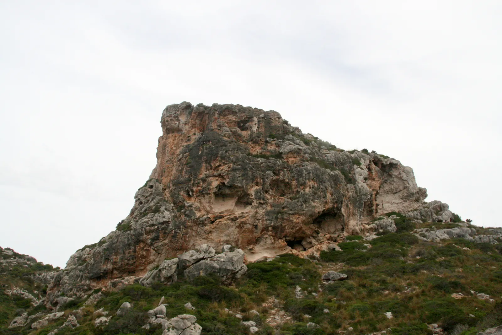Roca caliza y vegetación mediterránea en los acantilados de Llucalari, costa sur de Menorca (Alaior).