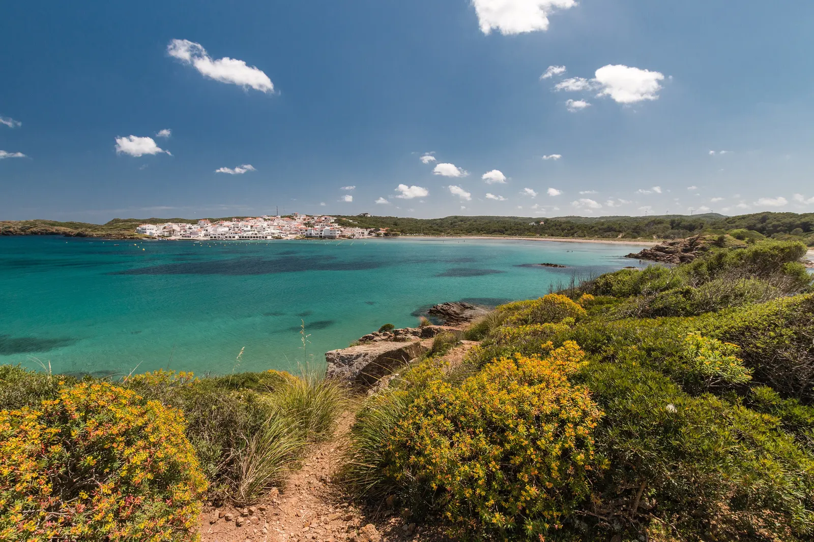 La bahía de Es Grau, con el pueblo blanco al otro lado del agua turquesa y flores silvestres en primer plano.